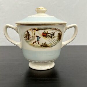 Currier & Ives by Homer Laughlin Lidded Sugar Bowl Vintage Gold Trim